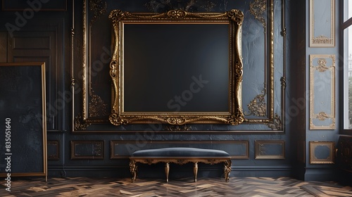 A large, ornate gold frame hanging on the wall with an empty black canvas inside it. adding contrast and elegance to your creative space.
