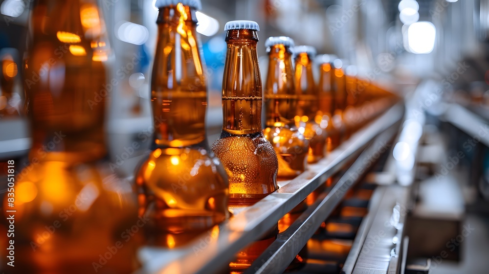 A line of beer bottles on the production line in an industrial production facility, representing commercial photography for packaging and branding purposes.