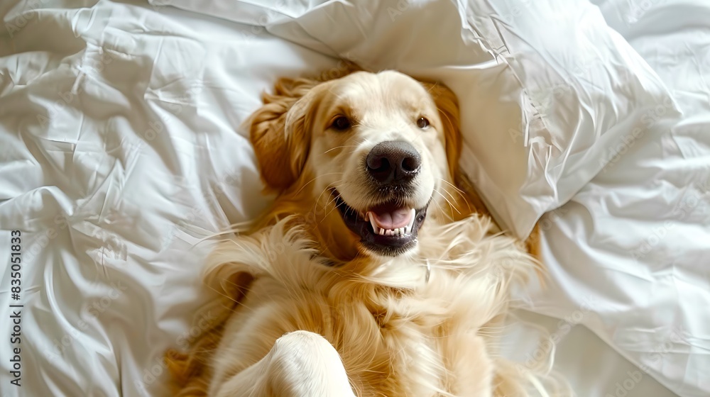 Obraz premium Smiling golden retriever relaxing on a cozy white bed. Happy dog enjoying its rest time. Perfect for pet lovers and dog-friendly content. AI