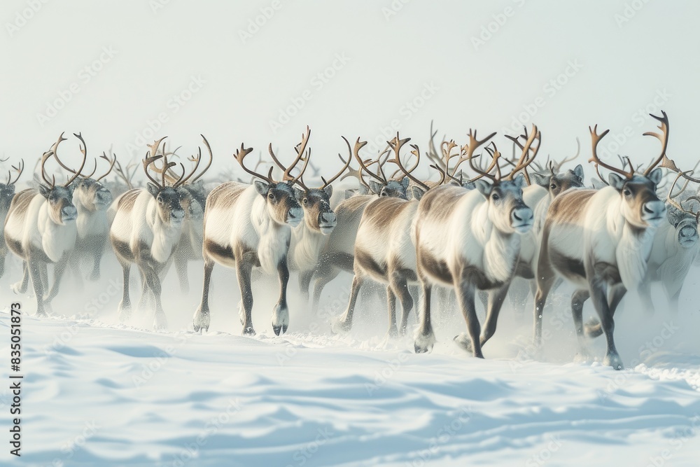 a herd of reindeer running across a snow covered field, A herd of reindeers crossing the snowy landscapes of the Arctic tundra a herd of reindeer running across a snow covered field, A herd of reindeers crossing the snowy landscapes of the Arctic tundra