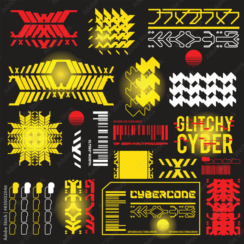 Naklejka premium cyberpunk scifi gaming futuristic icon pattern HUD ux ui set collection template, 2d illustration rendering vector element