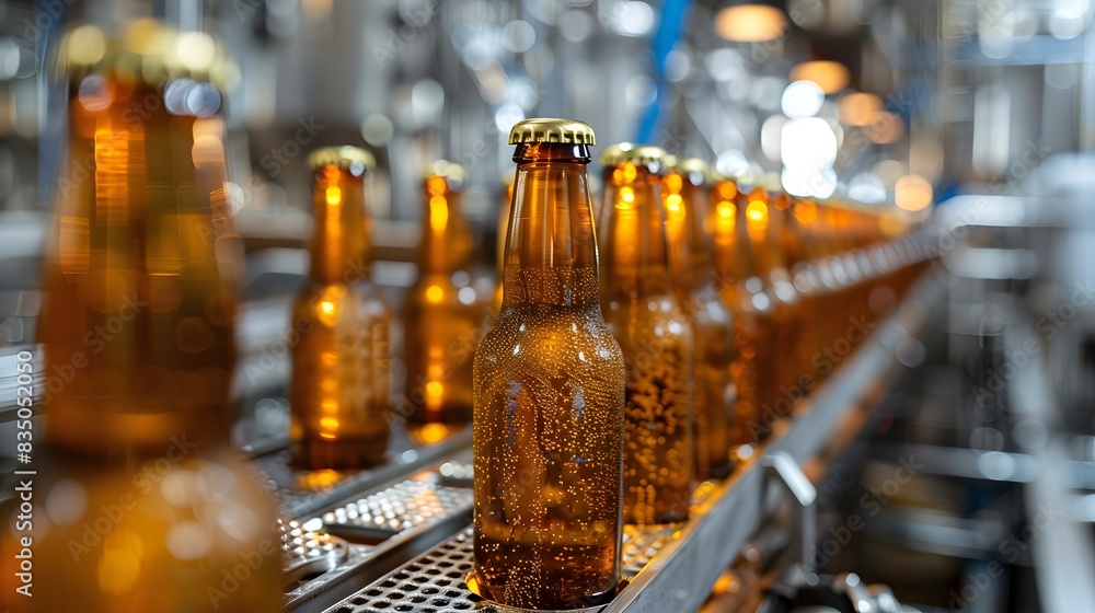 A line of beer bottles on the production line in an industrial production facility, representing commercial photography for packaging and branding purposes. A line of beer bottles on the production line in an industrial production facility, representing commercial photography for packaging and branding purposes.