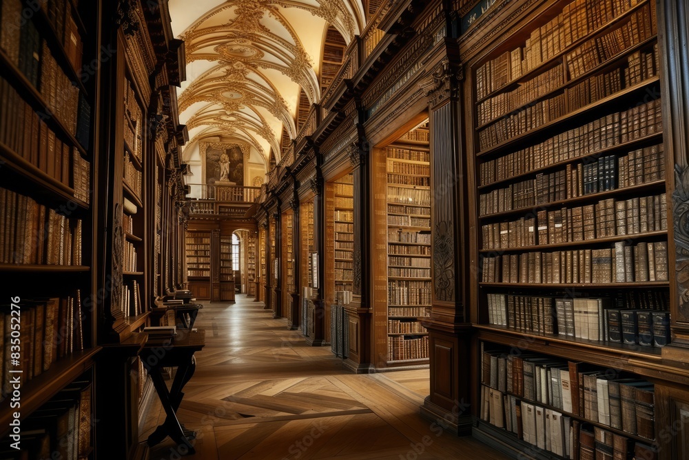Historic, wood-paneled library hall, A large library filled with ancient books and tall shelves Historic, wood-paneled library hall, A large library filled with ancient books and tall shelves