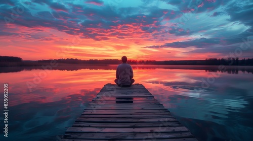A man sitting on the end of an old wooden dock  facing away from camera with his back to sunset reflecting in lake behind him.