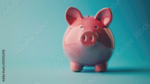 Piggy bank with money against a blue backdrop symbolizes saving photo