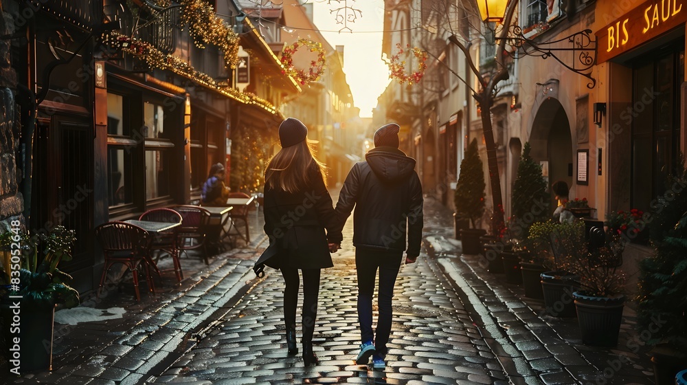 Couple Exploring Historic Street in Picturesque City at Sunset