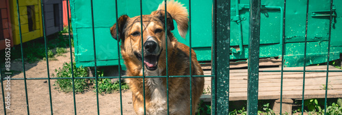Stray dog in animal shelter waiting for adoption. Portrait of homeless dog in animal shelter cage. © andyborodaty