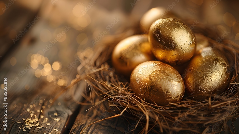 A nest of golden eggs on an old wooden table, symbolizing the value and importance of gold in the financial world. A nest of golden eggs on an old wooden table, symbolizing the value and importance of gold in the financial world.