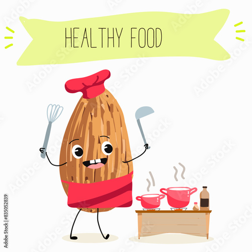Cute almonds nut characters, funny nuts, with different activities, outdoor, sports,musical instrument. Organic food, healthy food, illustrations for kids menu.