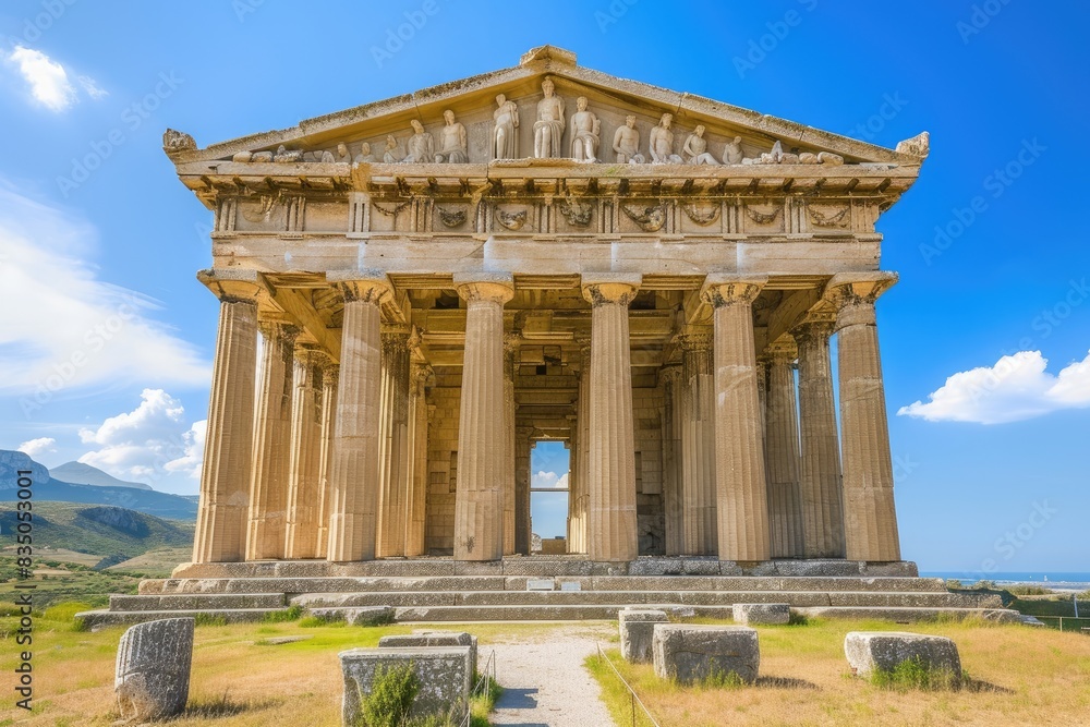 Obraz premium a very large building with statues on the steps, A massive Greek temple adorned with ornate statues and marble columns