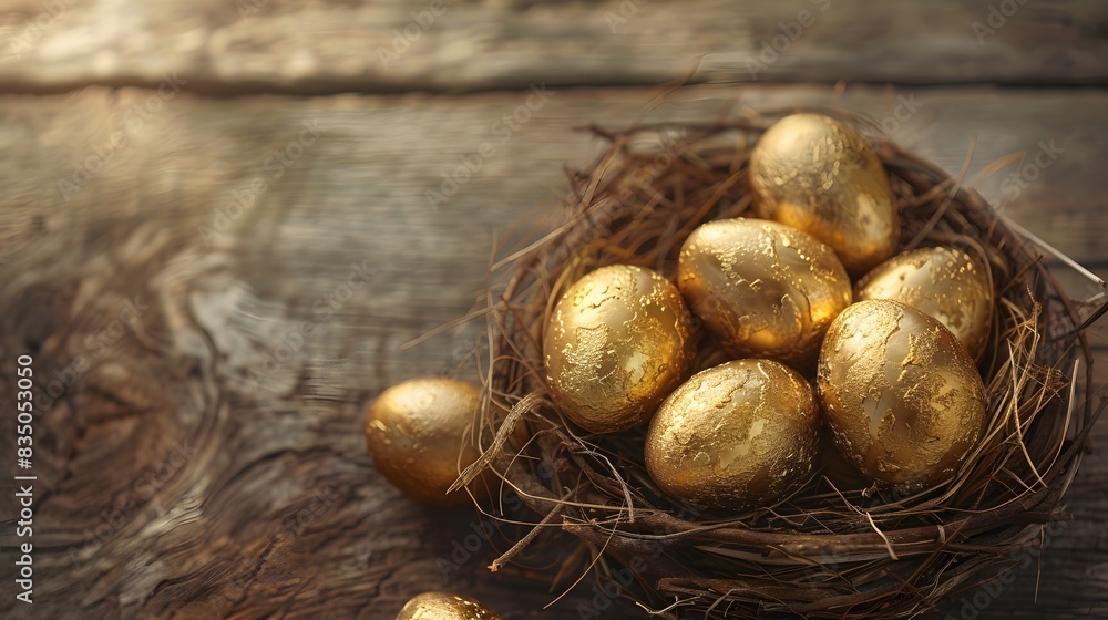 A nest of golden eggs on an old wooden table, symbolizing the value and importance of gold in the financial world.