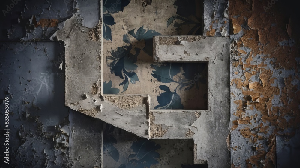 A close-up photo of a textured, abstract concrete wall. The grungy surface is covered in peeling paint and graffiti, adding to its vintage charm. The vintage empty wallpaper  have a floral design