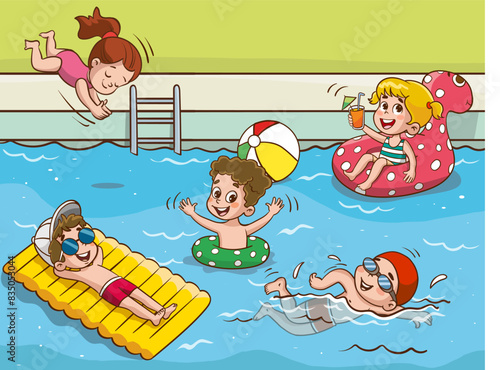 Children in aqua park swimming pool having fun.Summer Outdoor Activity Concept Cartoon Vector Illustration
