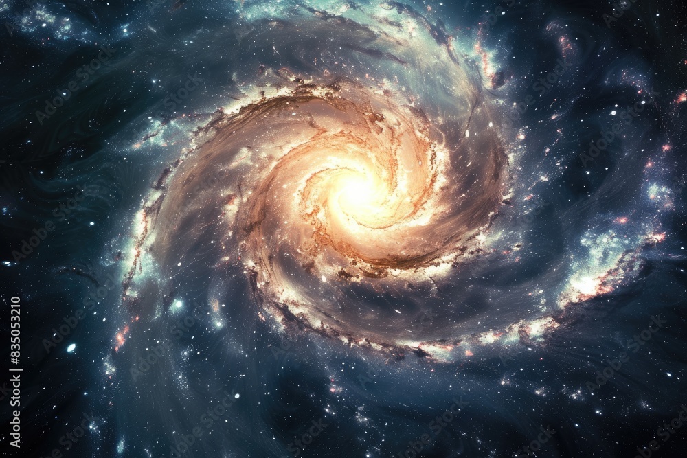 a spiral galaxy with a bright light in the center, A mesmerizing spiral galaxy against the darkness of space