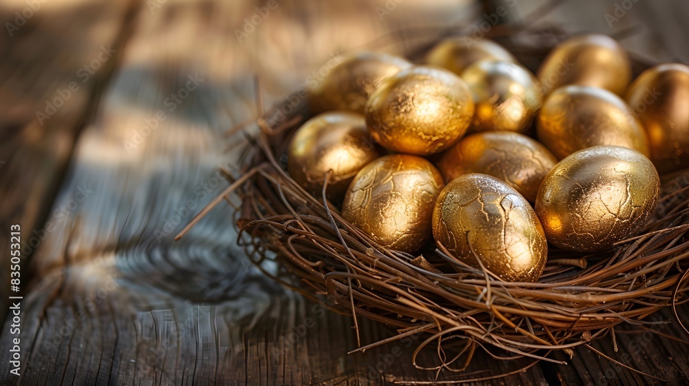 A nest of golden eggs on an old wooden table, symbolizing the value and importance of gold in the financial world. A nest of golden eggs on an old wooden table, symbolizing the value and importance of gold in the financial world.