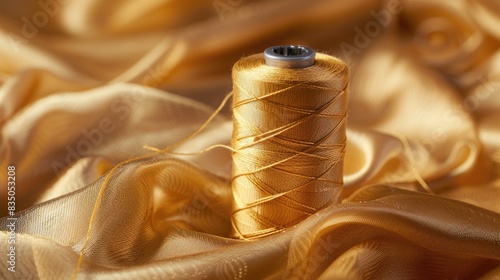 Golden thread spool with thimble on shiny chiffon material photo