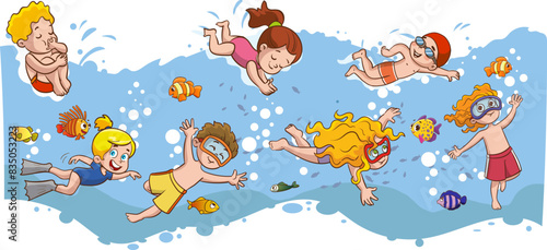 Children in aqua park swimming pool having fun.Summer Outdoor Activity Concept Cartoon Vector Illustration