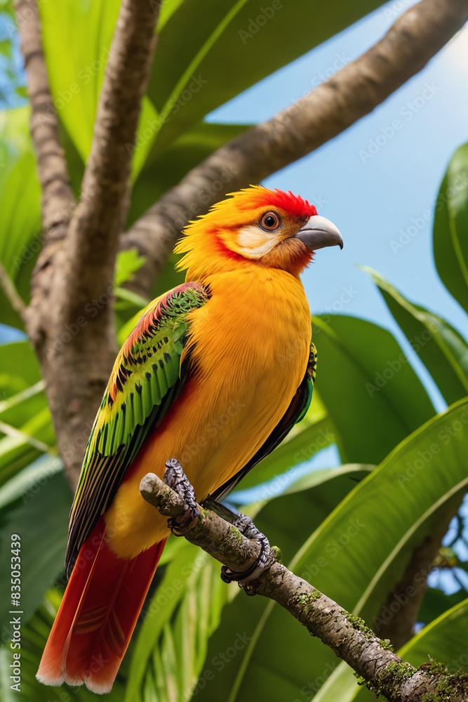 Colorful tropical bird in jungle on a sunny day. Rainforest illustration with bright beautiful birdie among exotic plants with big leaves. Background with pristine nature landscape Colorful tropical bird in jungle on a sunny day. Rainforest illustration with bright beautiful birdie among exotic plants with big leaves. Background with pristine nature landscape
