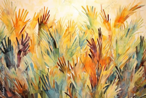 a painting of a field of grass with a sun in the background, An abstract piece of art showing a multitude of different hands waving palm fronds to celebrate Jesuses entry to Jerusalem on Palm Sunday