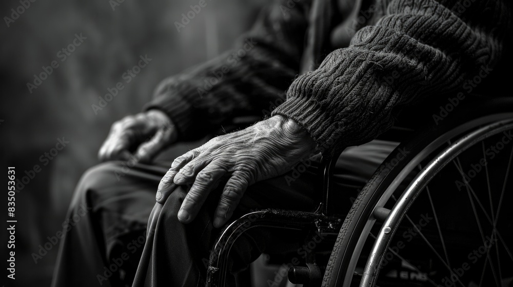 Fototapeta premium Elderly persons hands resting in wheelchair