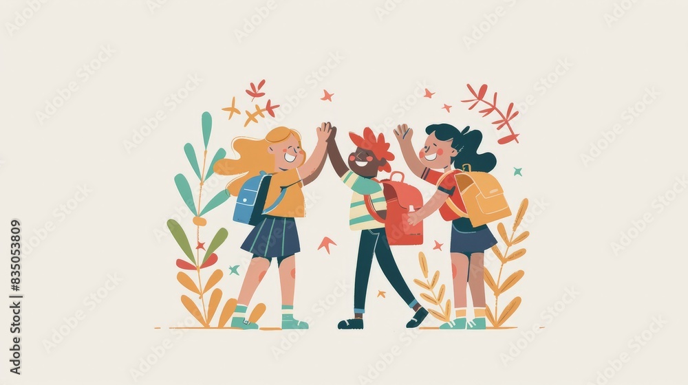 A flat design depiction of a character greeting their school friends in the morning, exchanging smiles and high-fives. The minimalist background captures the camaraderie and positive social A flat design depiction of a character greeting their school friends in the morning, exchanging smiles and high-fives. The minimalist background captures the camaraderie and positive social