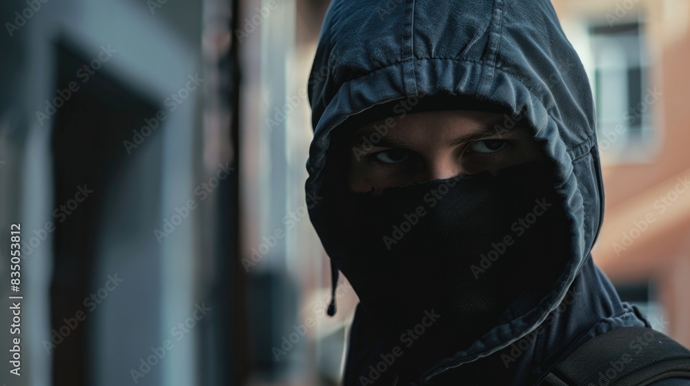 Man wearing black mask and hoodie in urban setting Man wearing black mask and hoodie in urban setting