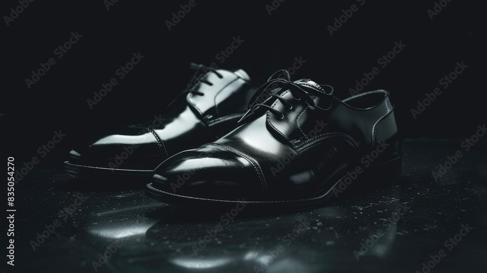Shiny leather footwear against a dark backdrop Shiny leather footwear against a dark backdrop