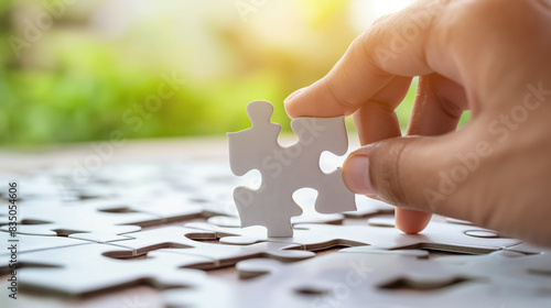Hand holding a white puzzle piece above an incomplete jigsaw puzzle, set against a softly blurred background, symbolizing the final step in completing a puzzle. photo