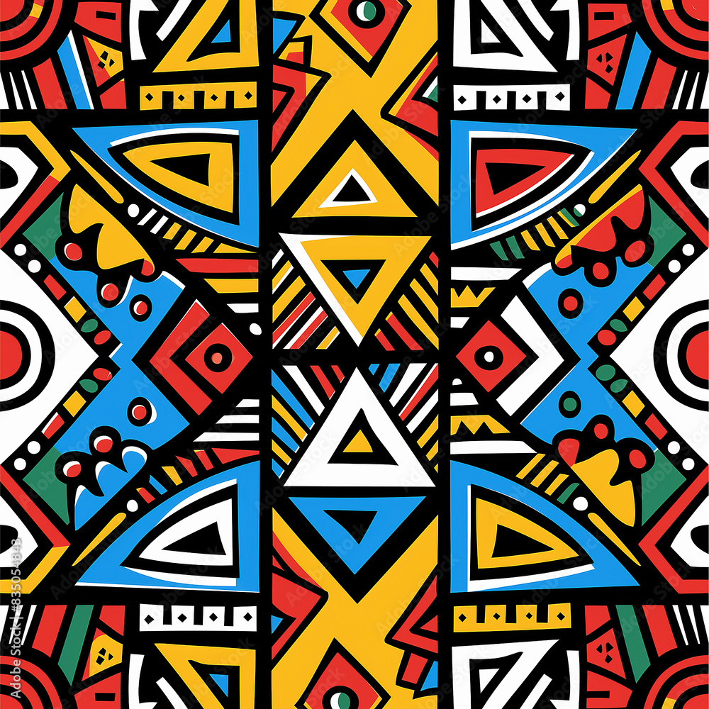 A vibrant, colorful tribal pattern with geometric shapes and intricate patterns in the style of African art. The design includes bold colors like reds, blues, yellows and greens A vibrant, colorful tribal pattern with geometric shapes and intricate patterns in the style of African art. The design includes bold colors like reds, blues, yellows and greens