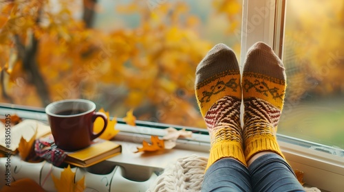 Cozy fall scene with legs in warm socks and a cup of coffee by the window. Warm autumn colors and peaceful atmosphere. AI