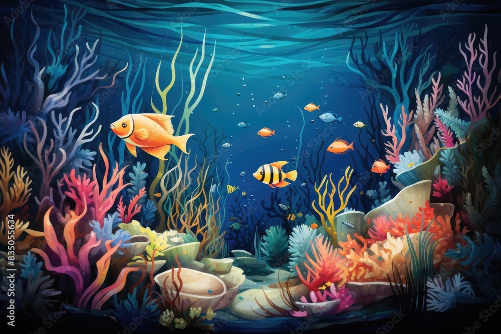 a painting of two dolphins swimming in a sea, An underwater scene with diverse aquatic species celebrating World Water Day a painting of two dolphins swimming in a sea, An underwater scene with diverse aquatic species celebrating World Water Day