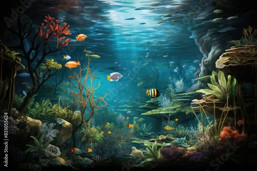 a painting of two dolphins swimming in a sea  An underwater scene with diverse aquatic species celebrating World Water Day