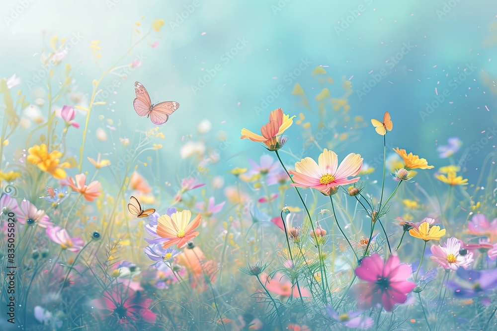 a field of flowers with a butterfly on top, A pastelcolored meadow filled with cheerful flowers and frolicking butterflies a field of flowers with a butterfly on top, A pastelcolored meadow filled with cheerful flowers and frolicking butterflies