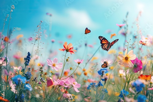 Fototapeta Naklejka Na Ścianę i Meble -  a field of flowers with a butterfly on top, A pastelcolored meadow filled with cheerful flowers and frolicking butterflies