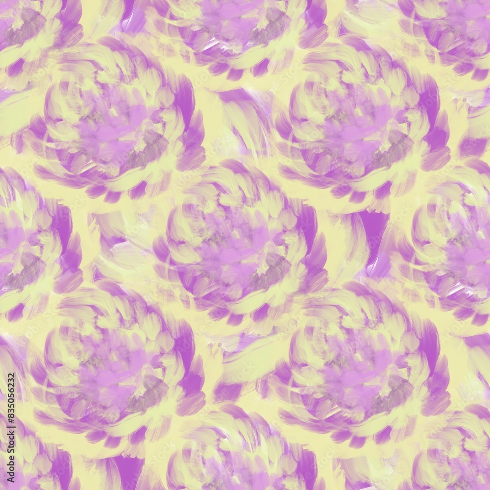 Fototapeta premium Seamless abstract botanical pattern. Purple, yellow flowers on background. Digital brush strokes. Design for textile fabrics, wrapping paper, background, wallpaper, cover.