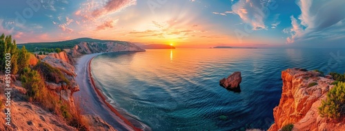 Beautiful colorful sunset over the sea with beach and cliff in summer time.