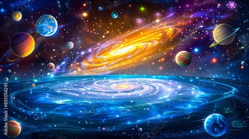 breathtaking view colorful galaxy space and planets set on dark background illustration  colorful planetary satellites on a black background