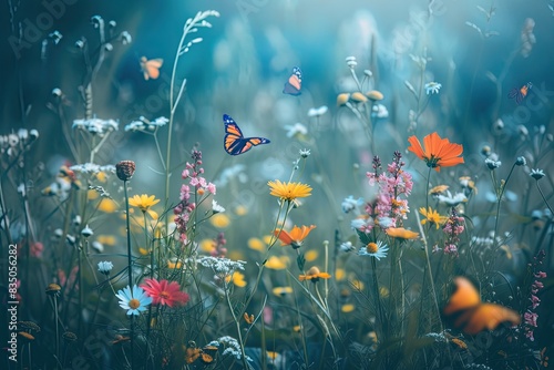 a field full of flowers and butterflies  A peaceful meadow filled with wildflowers and butterflies