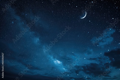 a night sky with a crescent and stars, A peaceful night sky filled with stars and a crescent moon, symbolizing World Sleep Day