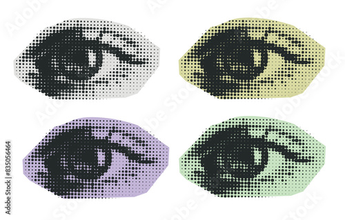 Halftone eye collage element, texture dotted pop art. Vector cutuot illustration. Sticker vintage comic trendy abstract element