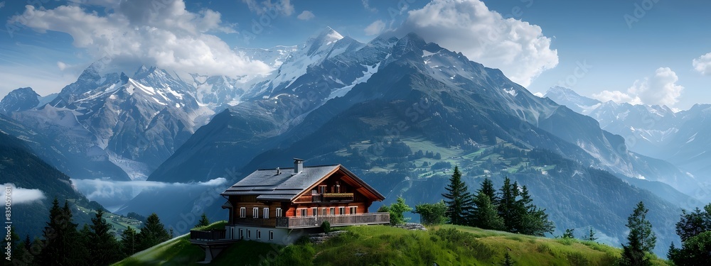 Fototapeta premium Majestic Alpine Chalet Nestled in a Breathtaking Mountain Landscape