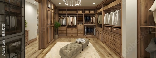 Luxurious Walk In Closet with Custom Cabinetry and Organized Layout for Fashionable Storage