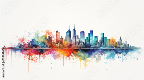 A watercolor painting of a cityscape. Vibrant cityscape with watercolor accents