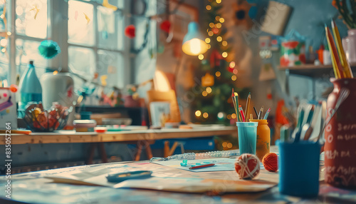 A group of children are drawing on a table with a variety of art supplies includ