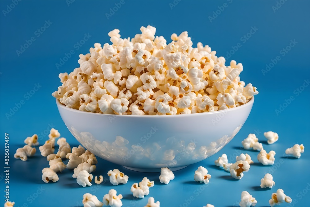 Popcorn in a bowl isolated on a blue background, studio shot Popcorn in a bowl isolated on a blue background, studio shot