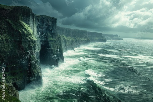 a cliff with a sea view and a boat in the distance, A rugged coastline with high cliffs and crashing waves