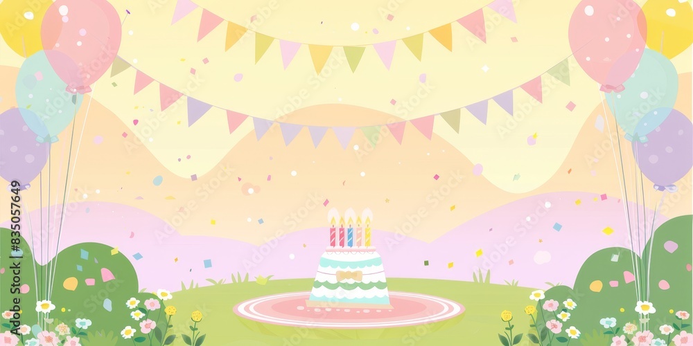 Colorful birthday cake with candles in a festive outdoor setting with balloons, bunting, and confetti. Perfect for celebration themes. Colorful birthday cake with candles in a festive outdoor setting with balloons, bunting, and confetti. Perfect for celebration themes.