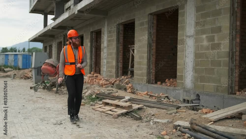 Red haired workman in helmet enjoy dancing while listening to music at construction site. Wide shot. Enjoy the moment builder man in orange uniform. Red haired workman in helmet enjoy dancing while listening to music at construction site. Wide shot. Enjoy the moment builder man in orange uniform.