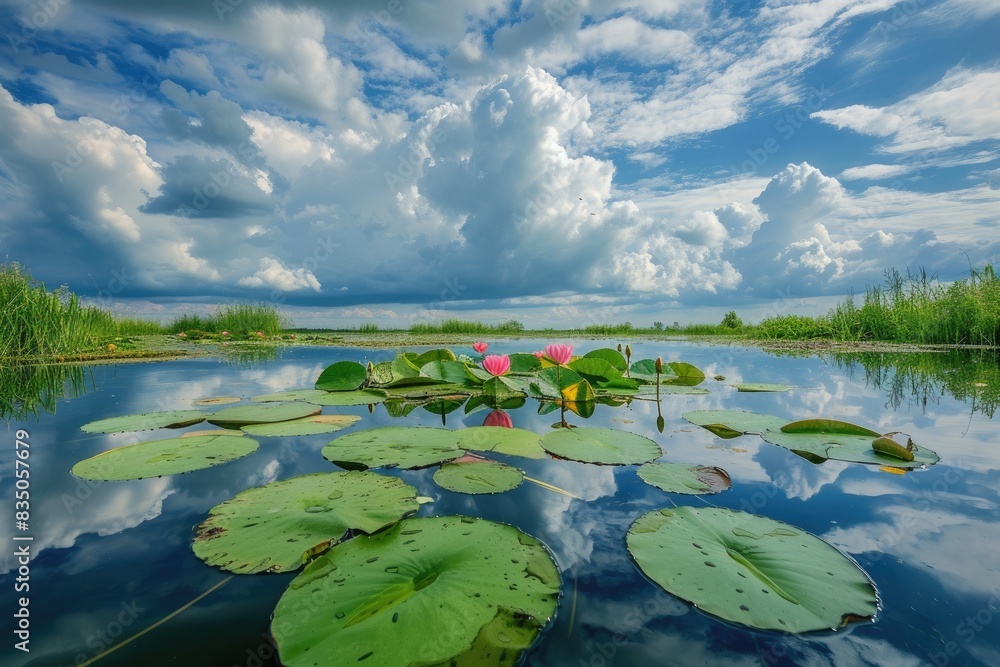 a pond with lily pads and a sky with clouds, A serene lily pond reflecting a cloudy summer sky