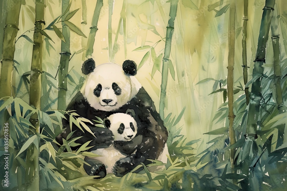 a painting of a panda bear and her cub, A serene watercolor painting of ...